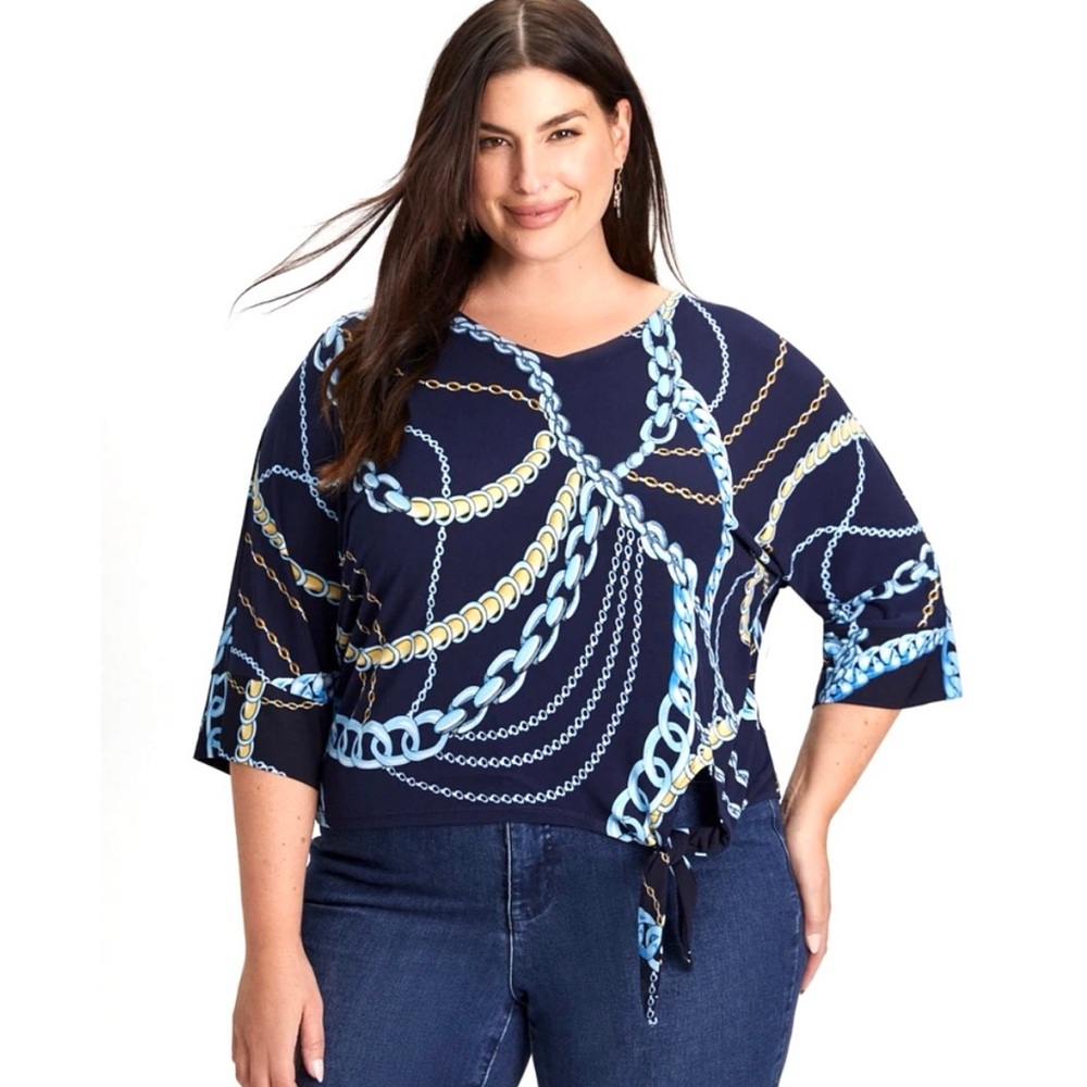 Laura Plus Navy Chain Print Tie-Hem Blouse